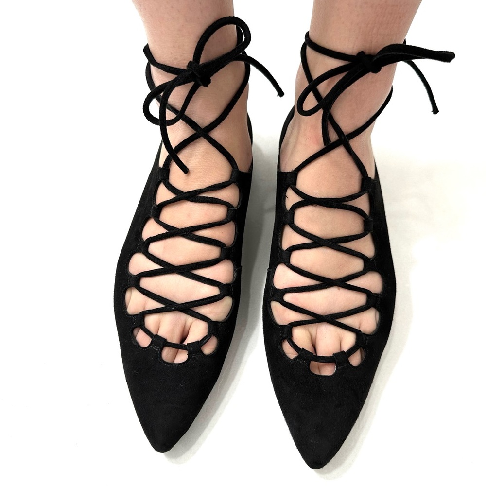 NWOT Stuart Weitzman Lace Up Black Suede Ballet Flats Size 8